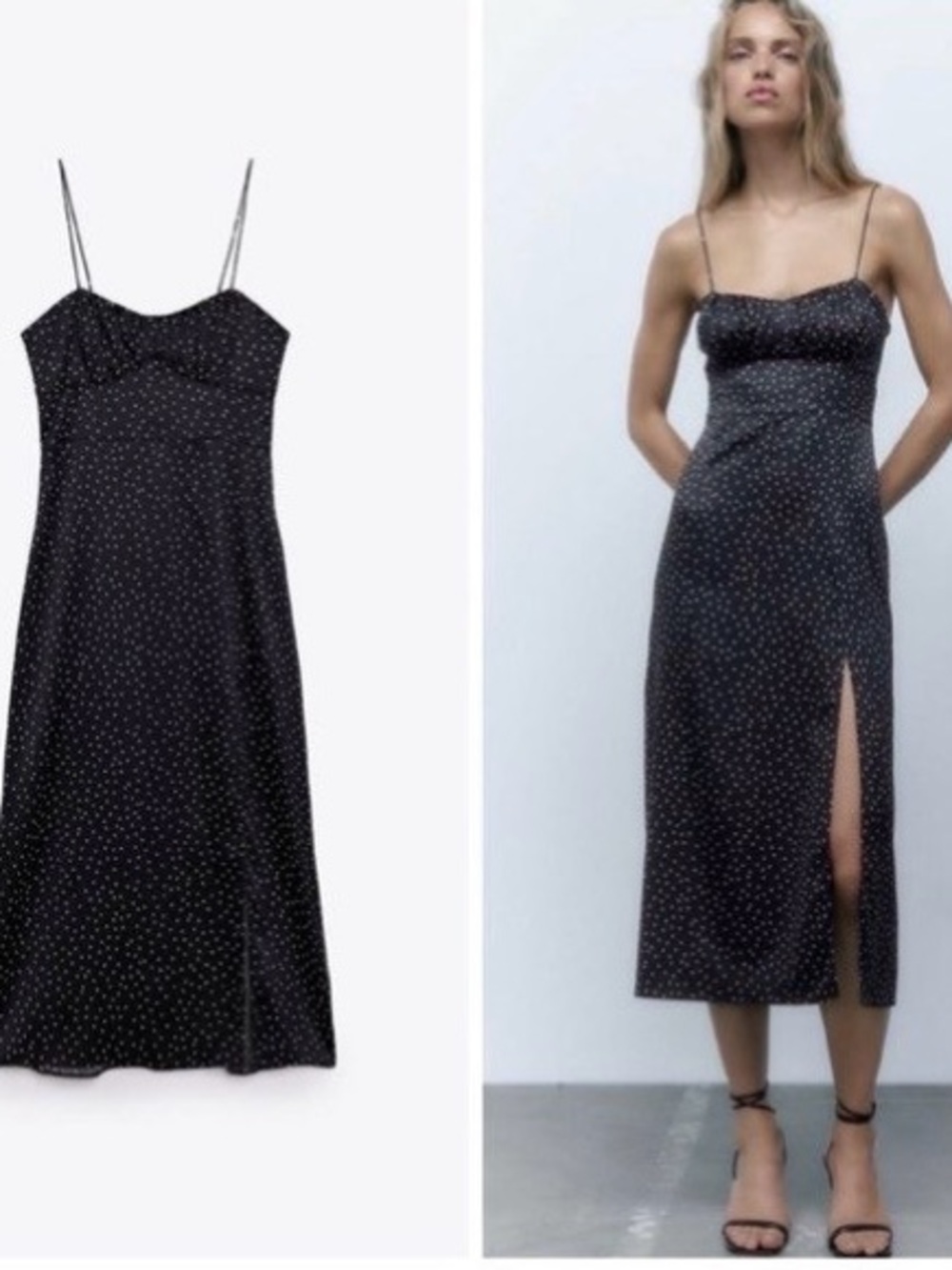 Zara Black Polka Dot Slip Midi Dress with Side Slit